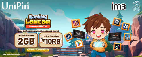 Double Kejutan! Bonus Kuota 2GB + UniPin Voucher Rp10.000 dengan Pulsa IM3/Tri!